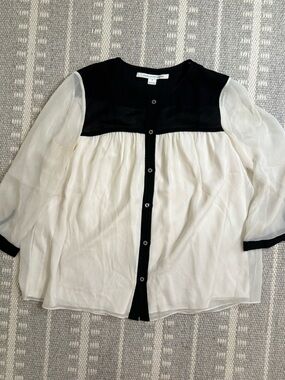 Diane von Furstenberg Silk Sheer Contrast Button Front Blouse - Black & Cream